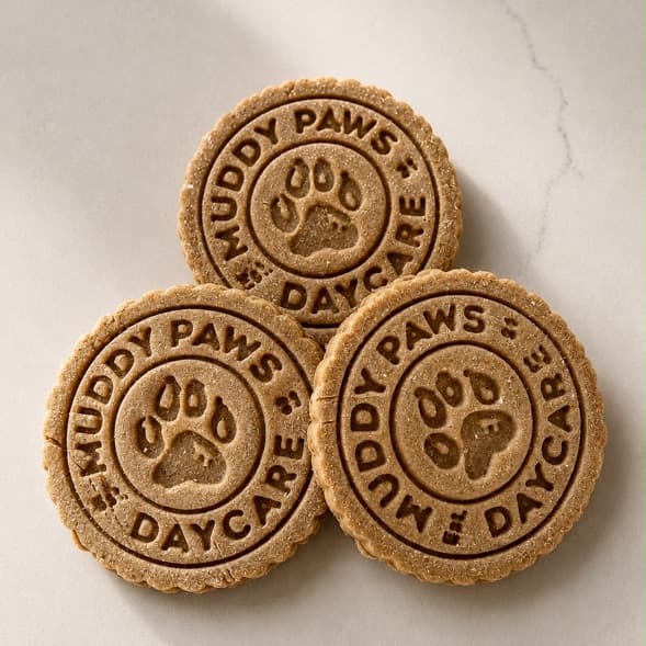 Three round dog biscuits stamped with a business's logo
