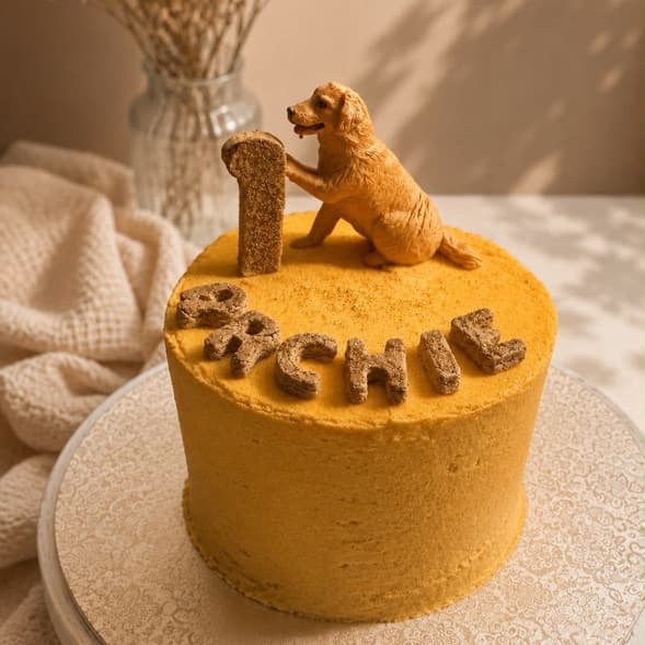 A yellow birthday cake with a little dog figurine on top and the dog's name in biscuit letters