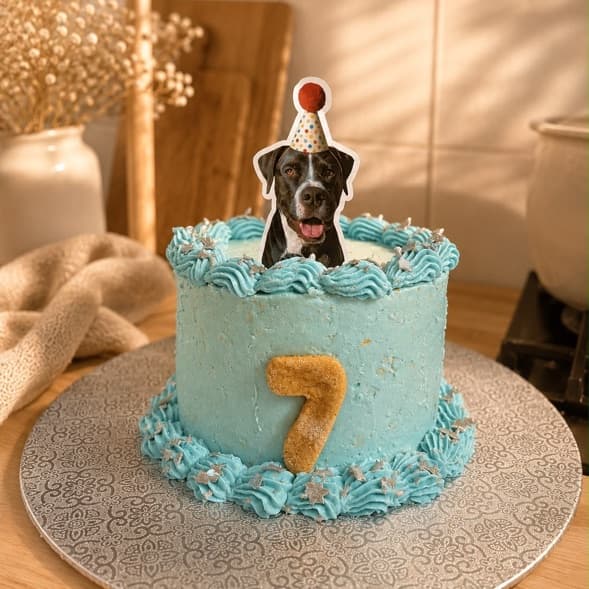 A large classic round birthday cake in blue, with a photo of the dog in a party hat on top and the age in front