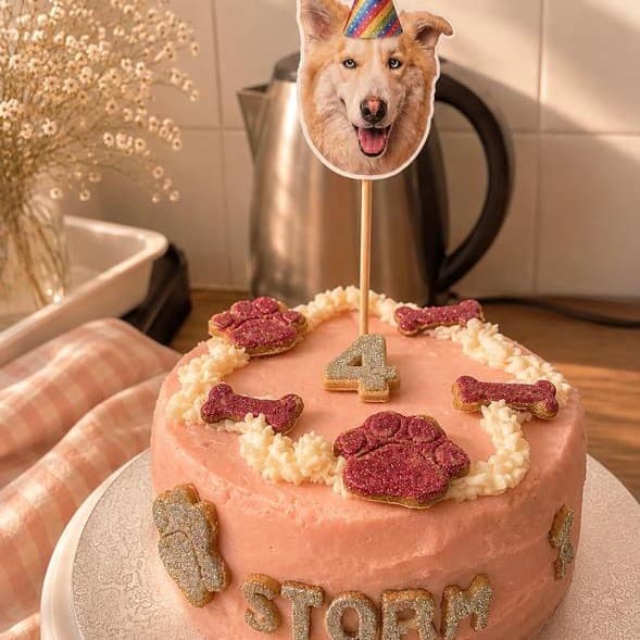 A small custom birthday cake in pink, with the dog's name and age, paws and bones