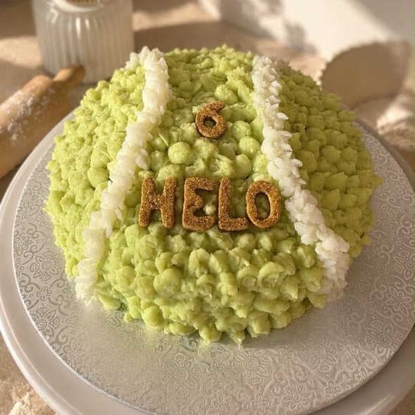 A large custom birthday cake made to look like a tennis ball, with the dog's name and age in gold