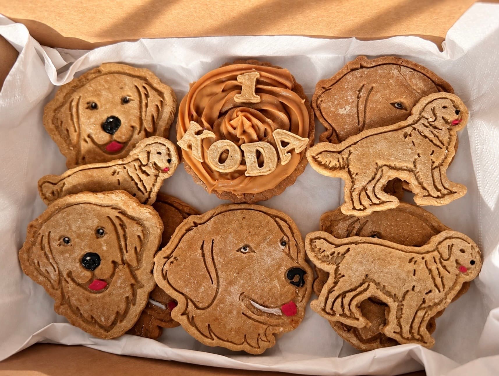 Cookie box for Kodas 1st Birthday. Golden retriever themed