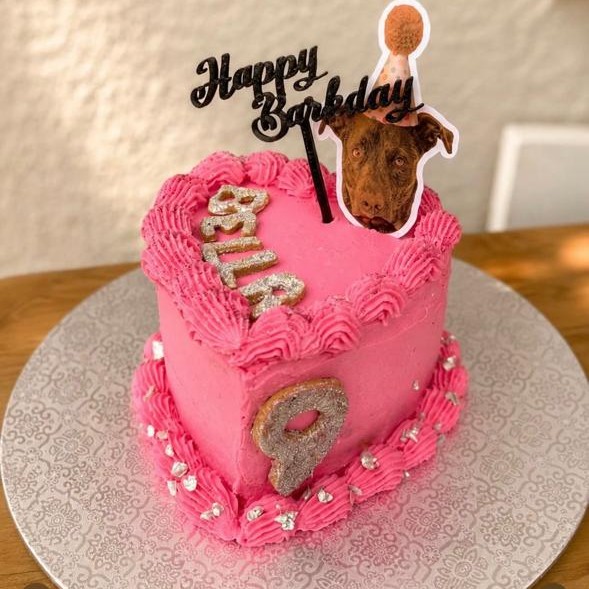 A custom heart-shaped birthday cake in pink with the dog's name and age